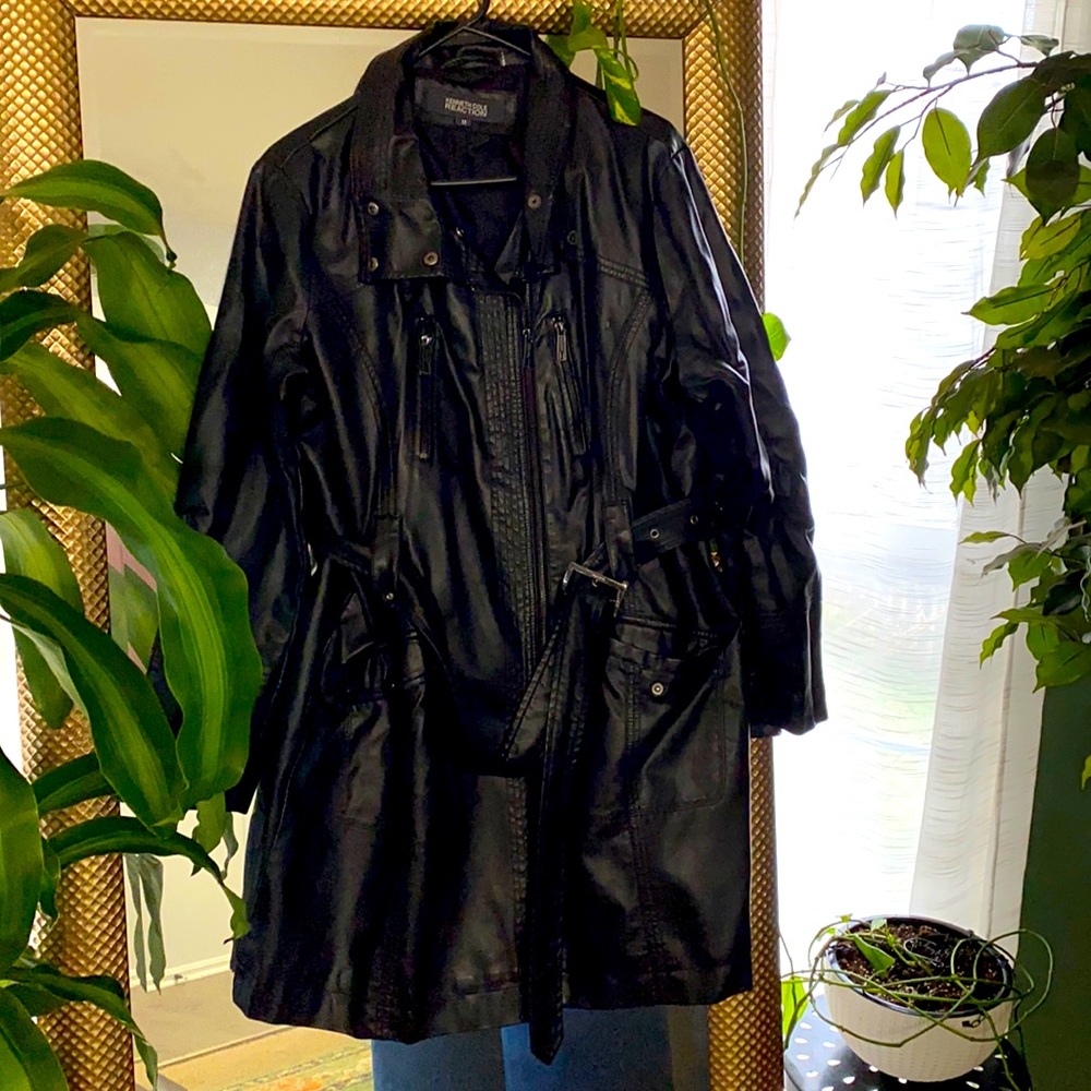 Black Kenneth Cole Pleather tench-coat. Size 1X